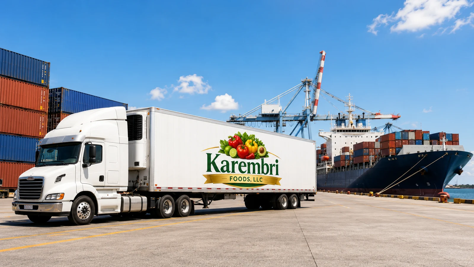 Karembri Foods refrigerated truck and container ship at a busy port