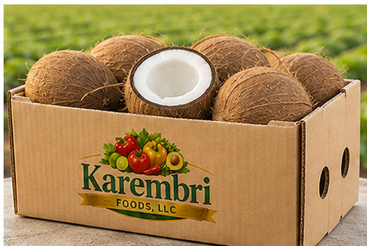 Karembri Foods box filled with fresh coconuts