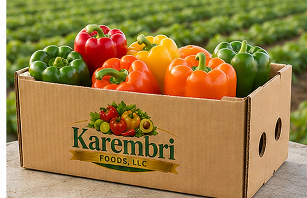Karembri Foods box filled with fresh bell peppers